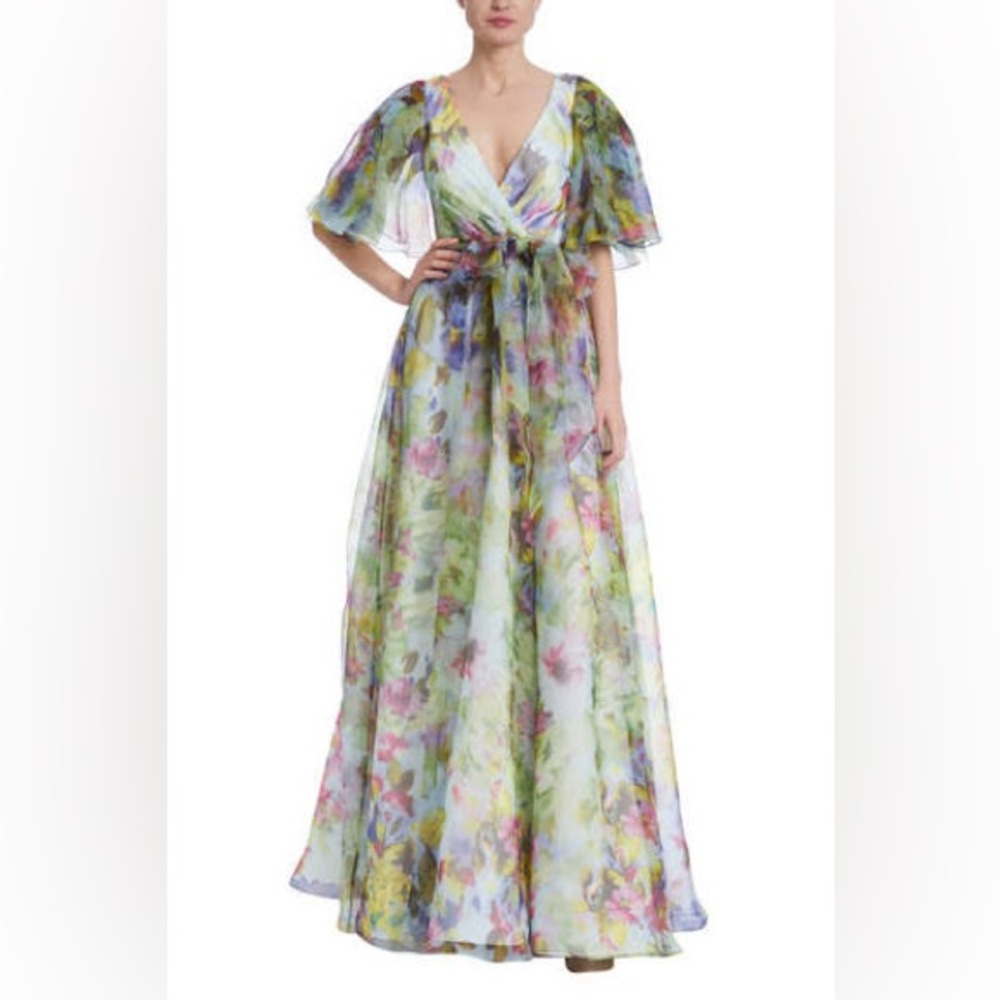 Badgley Mischka Printed Organza Gown Floral Green Multi Size 8 NWT Formal Dress